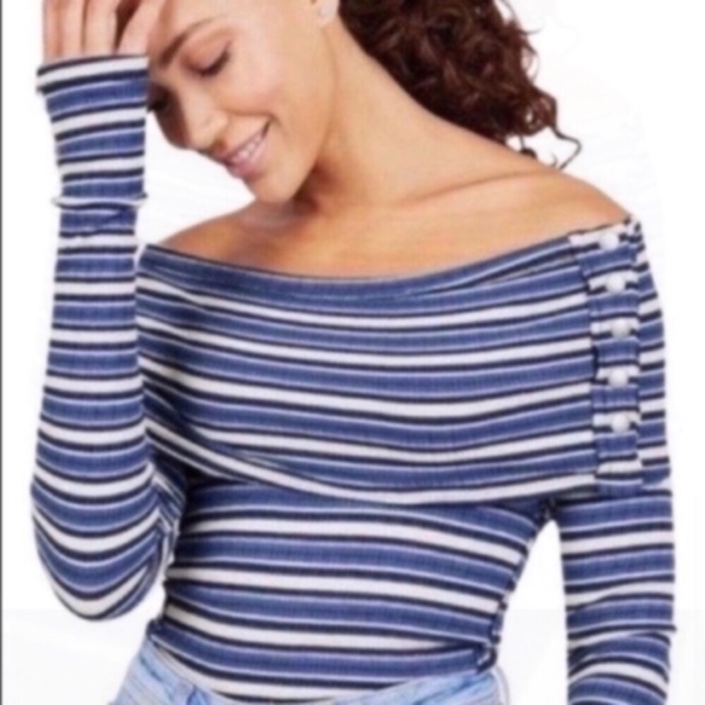 Free People Cape Cod Thermal Top Medium Striped Fitted Long Sleeve Off Shoulder - Picture 7 of 8